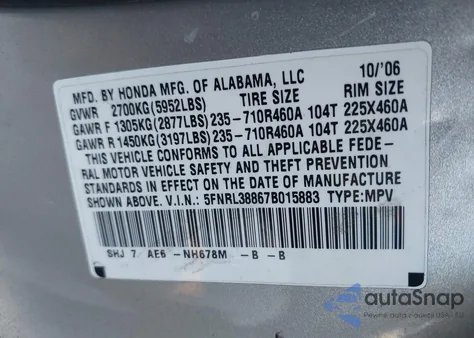 2007 Honda Odyssey Touring z USA, uszkodzony, nr VIN 5FNRL38867B015883